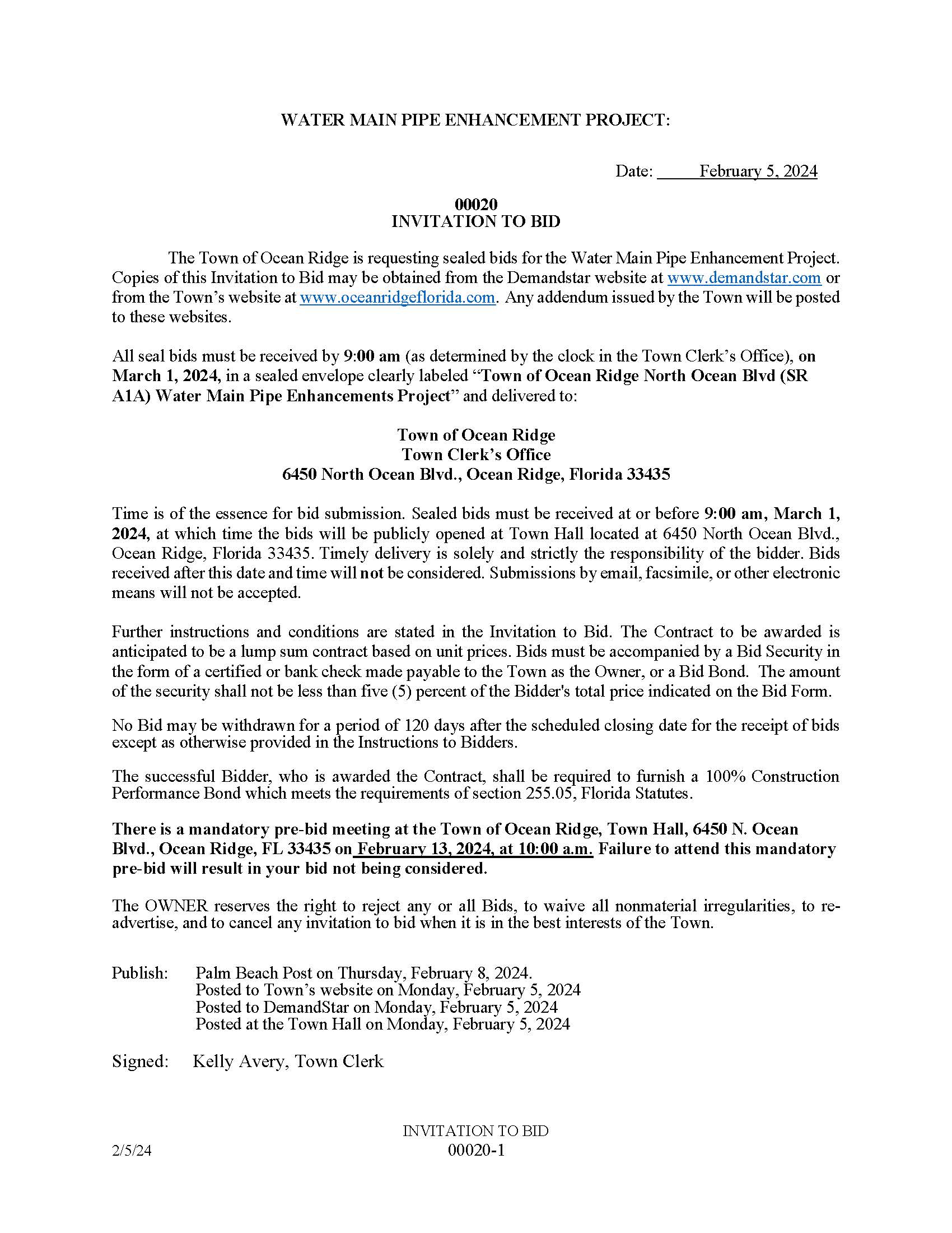 Advertisement for bid North Ocean Blvd (A1A) Water Main Pipe Enhancements -2nd round